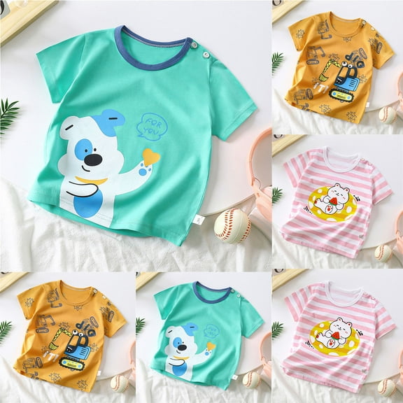 Zwiiyzr Toddler Baby Girls Boys Summer Clothes Cotton Cute Short Sleeves Crewneck Tops 6M - 6T Pink
