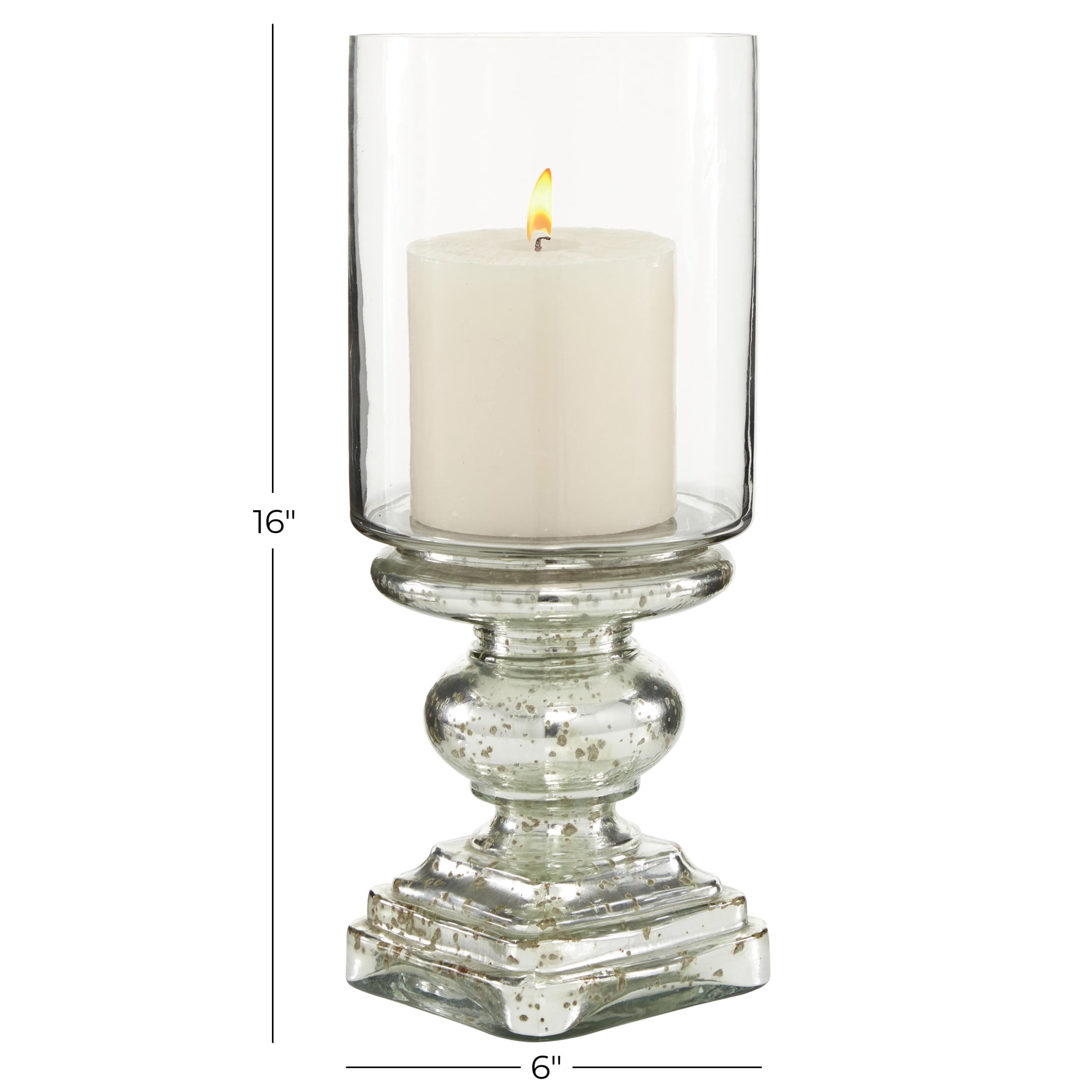 DecMode Silver Glass Handmade Turned Style Pillar Hurricane Lamp with Faux Mercury Glass Finish