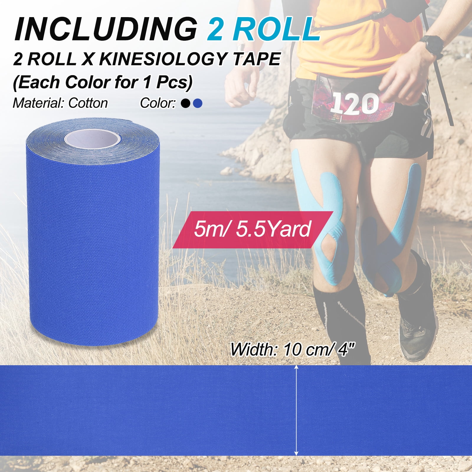 Uxcell Kinesiology Tape, Adhesive Cotton Sports Muscle Support Tape Waterproof Elastic Tape for Knee Ankle Wrist Black/Dark Blue
