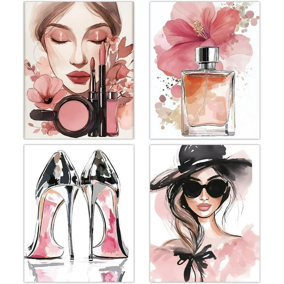 4Pcs Makeup Canvas Wall Art Fashion Pictures Wall Decor Modern Woman Cosmetic Perfume High Heels Lipstick Painting Posters Beauty Room Decor for Bedroom Bathroom 8 x 10 Inch-Unframed