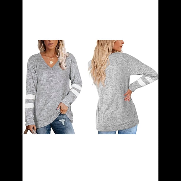 Tops para Mujer, Camiseta con Cuello en V, Bloque de Color, Larga, Túnica Informal Gris L