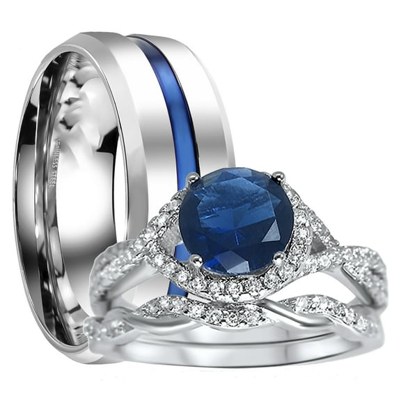 His Hers Sterling Infinity Silver CZ Bridal Wedding Band Engagement Ring Set Him Her Thin Blue Line 10/9