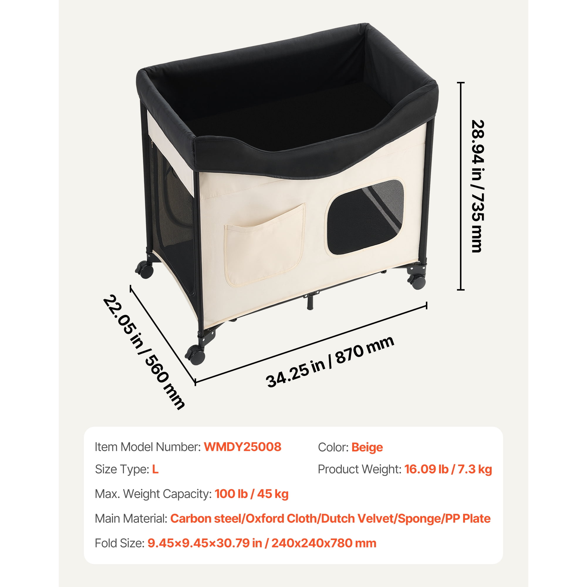 KFFKFF Double-Layer Pet Bed with Wheels, Foldable Dog Bed with Durable Oxford Cloth, Soft Velvet, Side Storage Pockets, and Storage Bag,34" X 22"