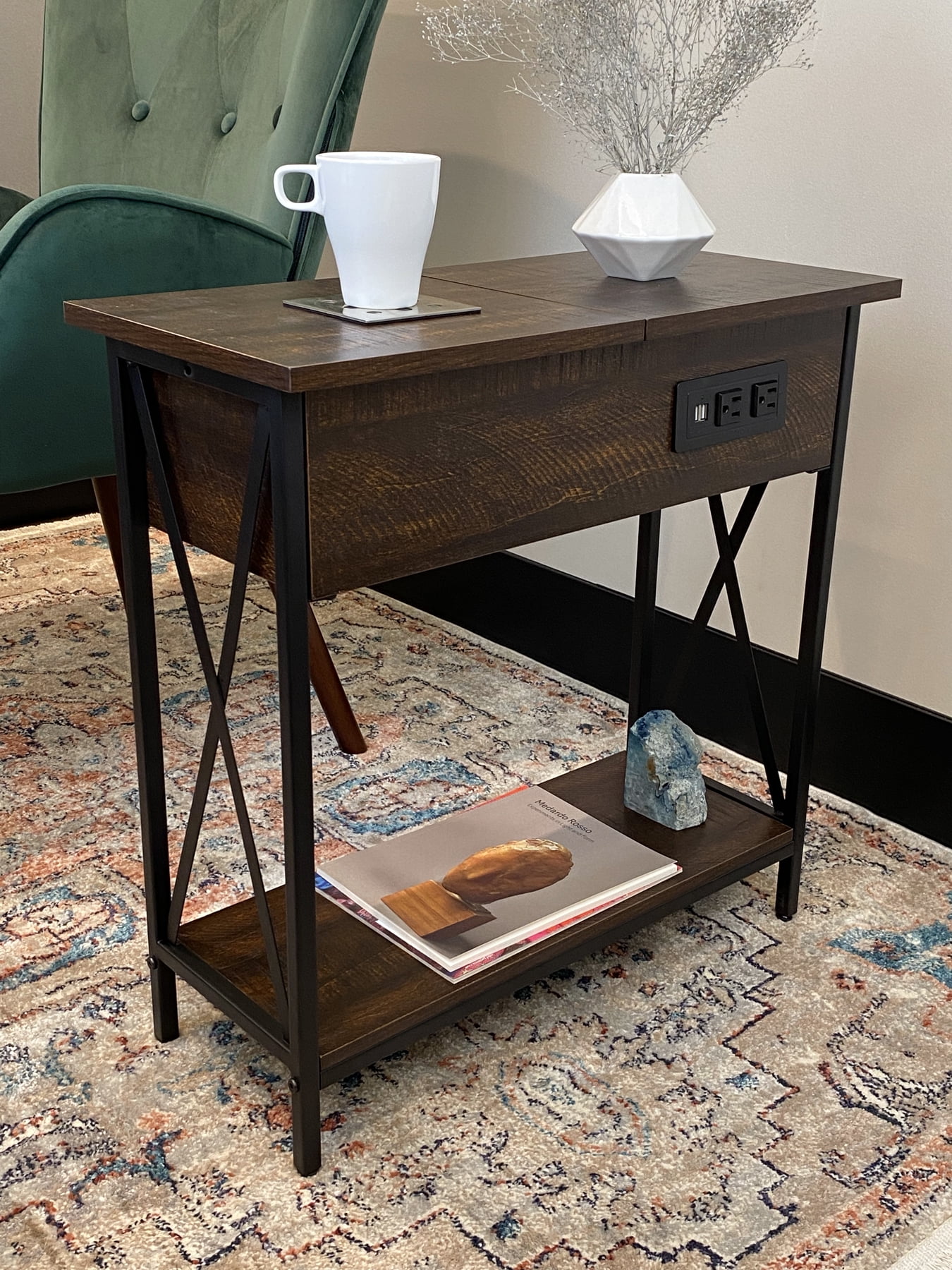 DecorTech Metal and Wood Flip Top End Table with AC Power and USB Charging Ports, Walnut