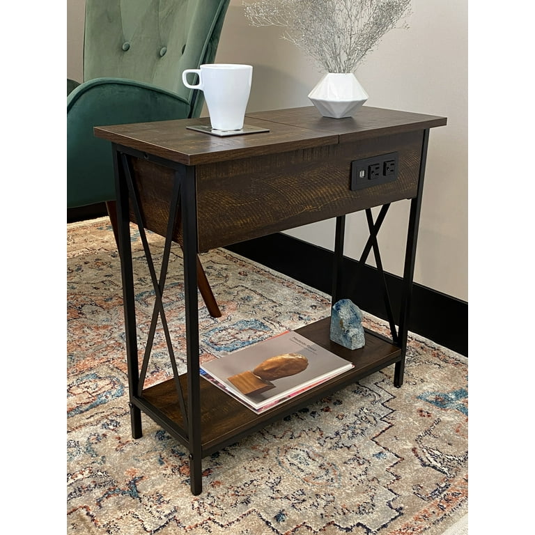 DecorTech Metal and Wood Flip Top End Table with AC Power and USB
