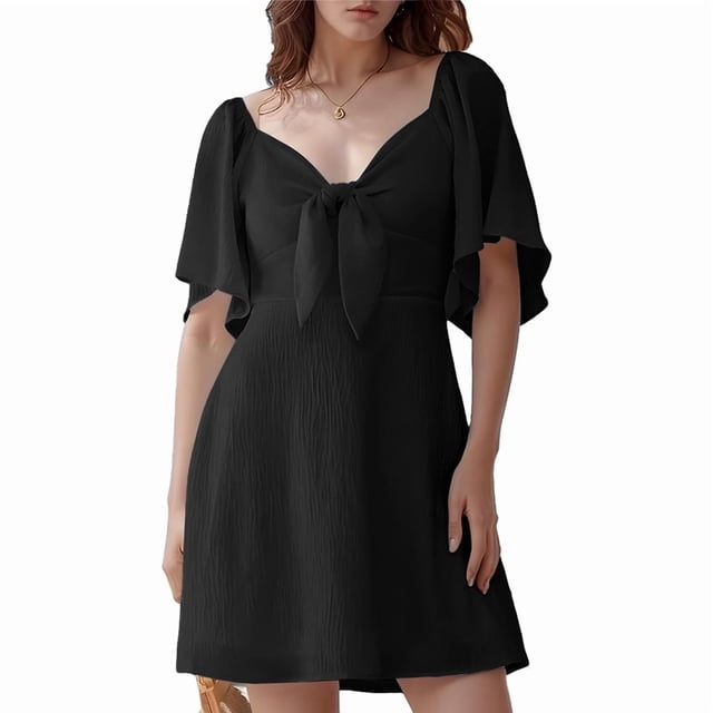 Robes pour Femmes Printemps Été Décolleté en V Profond Élégante Robe Courte à Nœud Noir G