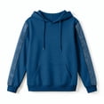 thumbnail image 5 of Denim Patchwork Hoodies for Women Loose Hooded Drawstring Pullover Sweatshirt Fall Long Sleeve Casual Tops with Pockets, 5 of 5