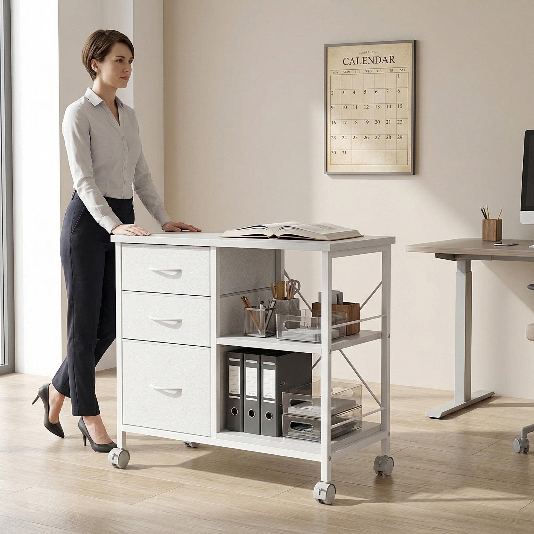 EDX 3 Drawer Mobile File Cabinet, Rolling Storage Cabinet with Open Storage Shelf, Fabric Lateral Filing Cabinet for Home Office, White