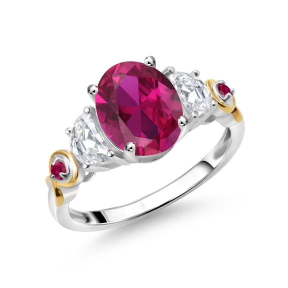 Gem Stone King 925 Silver and 10K Yellow Gold 3-Stone Ring Oval Red Created Ruby and Moissanite (2.50 Cttw, Size 5)