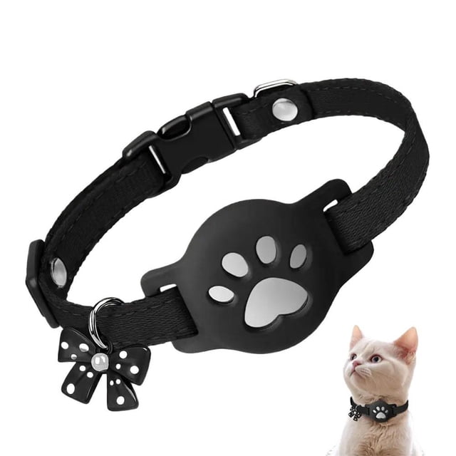 Adjustable Polka Dot Pet Collar with Bow – Lightweight Cat Collar Compatible with Tracking Device, Soft Polyester, Black