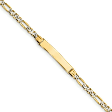 14k Gold Engravable Rhodium 6in Pave Figaro Link ID Child Bracelet (Plate: 1.1in x 0.2in)