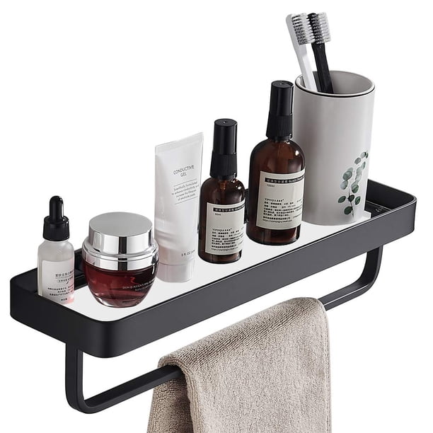 Simve Estante de vidrio templado para baño de 15,7 pulgadas con barra para toallas, organizador de ducha de aluminio montado en la pared, gabinete de almacenamiento sobre inodoro, estante de tocador r