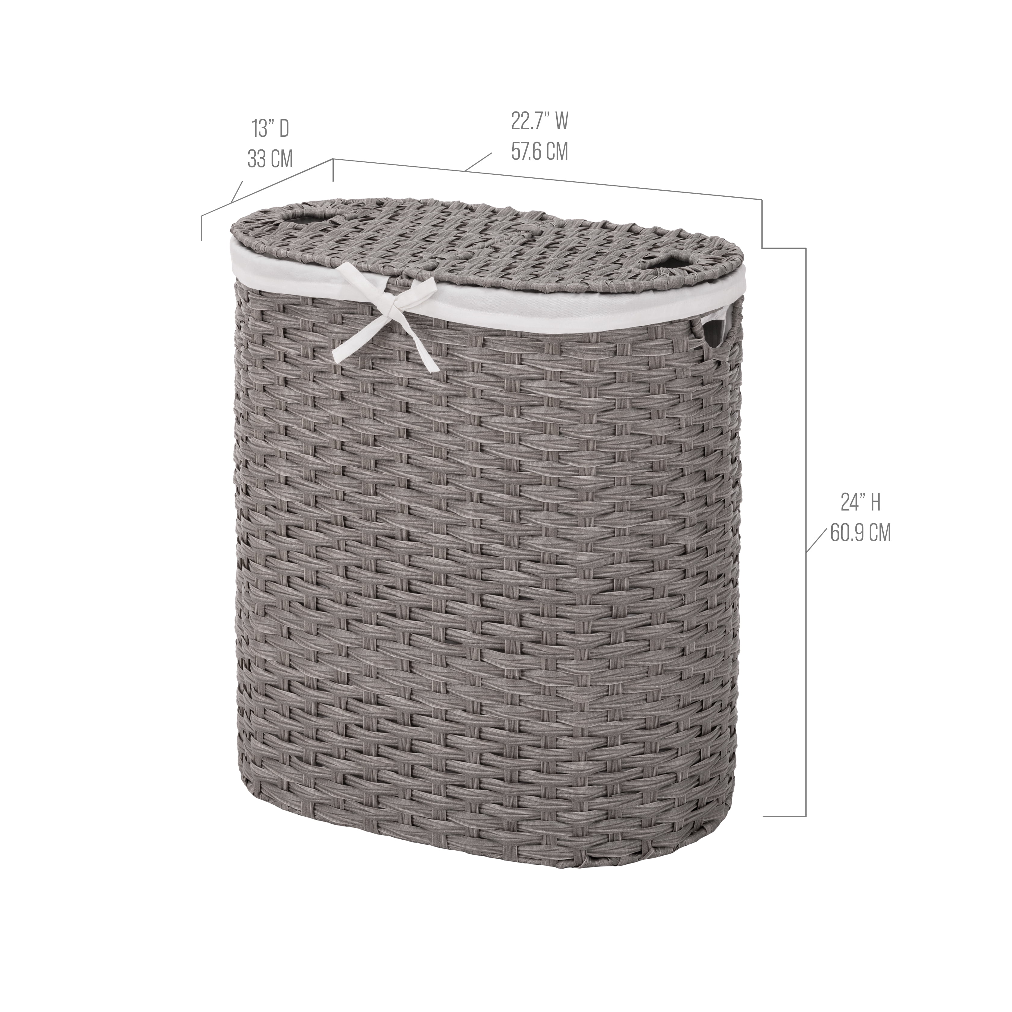 Seville Classics Hand-Woven Oval Double Laundry Hamper /w Liner, Gray