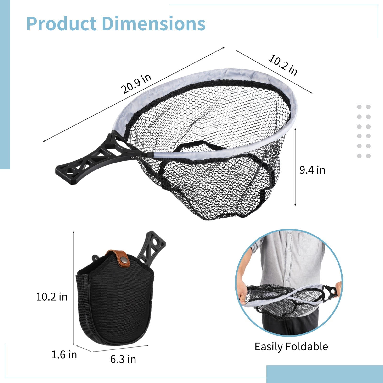 Folding Fly Fishing Net, Foldable Landing Trout Net with Tackle Bag, Lightweight Rubber-coated Mesh Net with Non-slip Handle, Fly Fishing Gear for Beginners