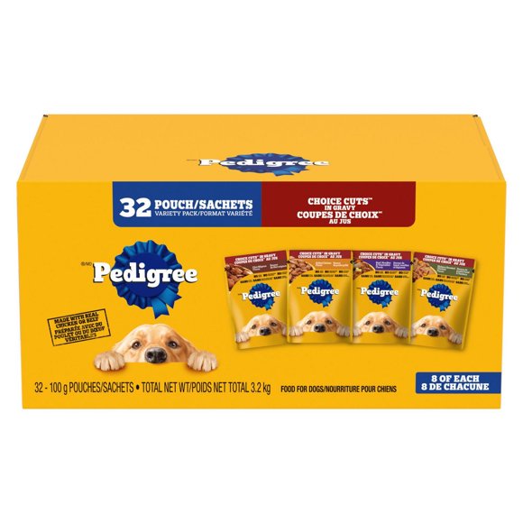 Pedigree Adult Wet Dog Food Choice Cuts in Gravy Filet Mignon, Beef Noodle & Vegetable, Grilled Chicken Flavour, Hickory Smoked Chicken Flavour Variety Pack Pouch 3.2KG