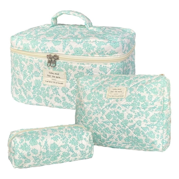 Set de bolsas de maquillaje WYJ Green con estampado floral acolchado, 3 unidades, para mujer