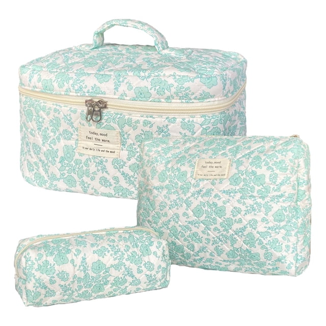 Set de bolsas de maquillaje WYJ Green con estampado floral acolchado, 3 unidades, para mujer