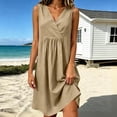 thumbnail image 2 of SAWOBUUN Womens Pleated Mini Dress V Neck Sleeveless High Waist Loose Fit Dress Breathable Cotton Blend Sundress, 2 of 6