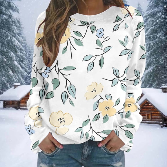 NTACZA Crewneck Tops for Women Floral White Long Sleeve Sweatshirts Loose Plus Size Pullover Shirts Blouse for Women L