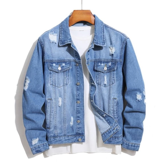 Reppunk Stylish Streetwear Men Ripped Distressed Slim Denim Jacket Male Casual Jean Jacket Coat Menswear Tops Long Sleeve Slim Street Style Denim Jacket