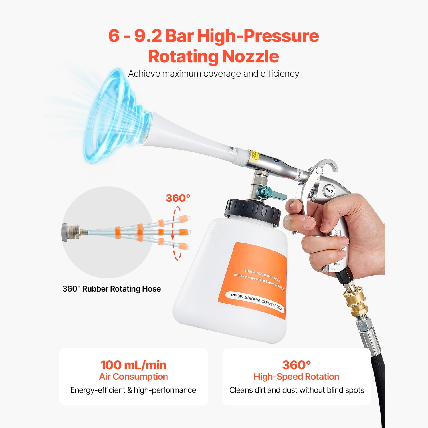 KFFKFF High-Pressure Car Cleaning Gun, 6-9.2 Bar Air Blow Gun with Dual Nozzles & 1L Liquid Bottle, Vortex Cleaning Tool for Efficient Dirt and Dust Removal, Compatible with 1/4 NPT Air Compressors