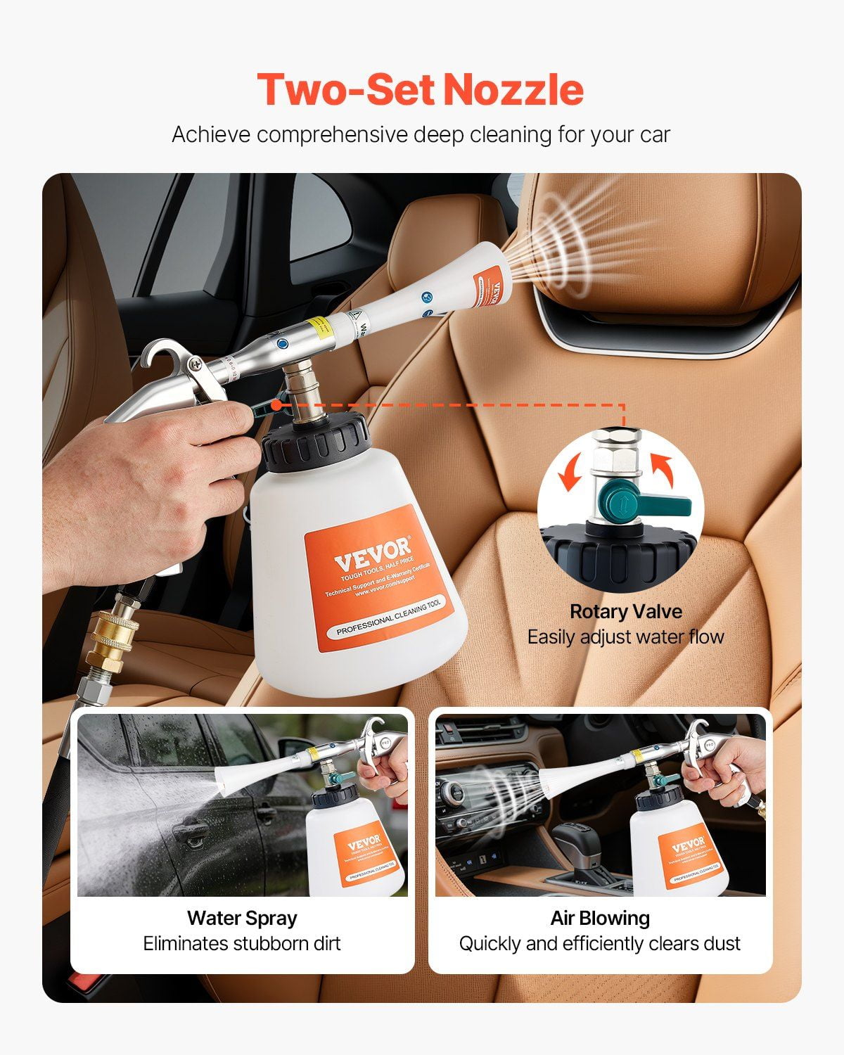 Car Cleaning Gun 6-9.2 Bar High Pressure Air Blow Gun with 2 Nozzles 1L Liquid Bottle Vortex Cleaning Gun Blasts Dirt Dust from Surface Works with 1/4 NPT Air Compressor