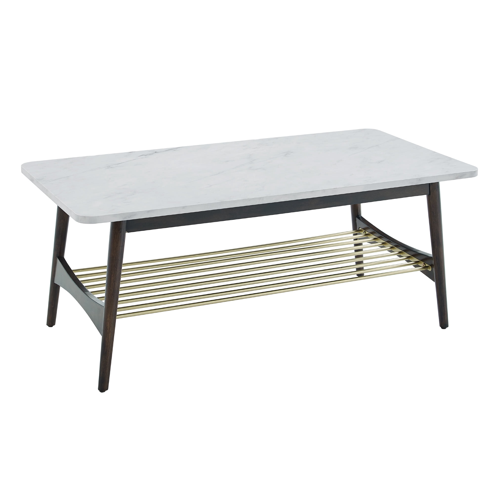 Manor Park Mid Century Coffee Table, Faux White Marble/Dark Brown Oak