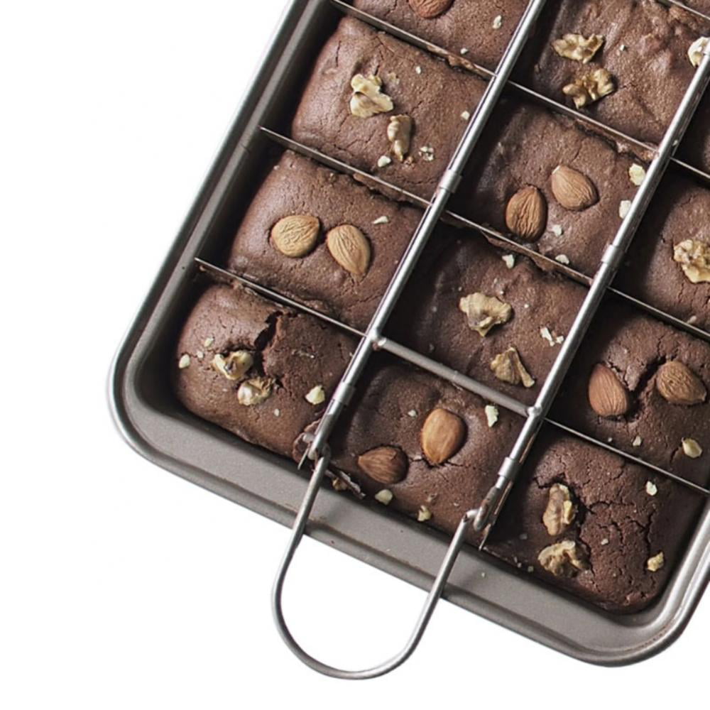 Brownie Pan, Non Stick Edge Brownie Pans with Grips Slice, Bakeware Cutter Tray Molds Square Cake Fudge Pan with Built-in Slicer Lid for All Oven