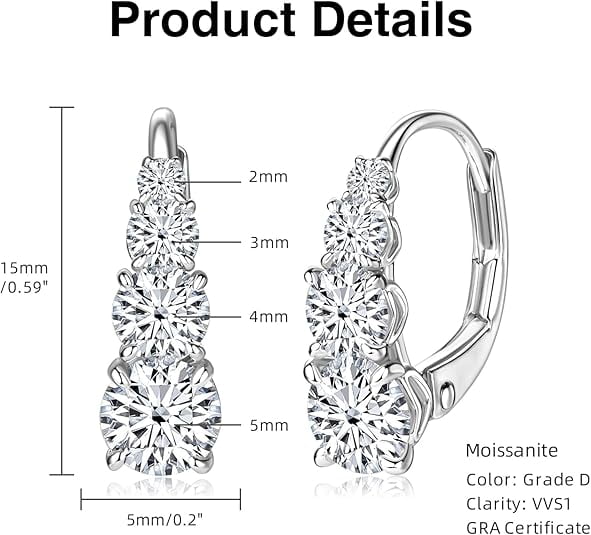 AINUOSHI 4 Stone Moissanite Hoop Earrings, 925 Sterling Silver Lever-Back Earrings for Women