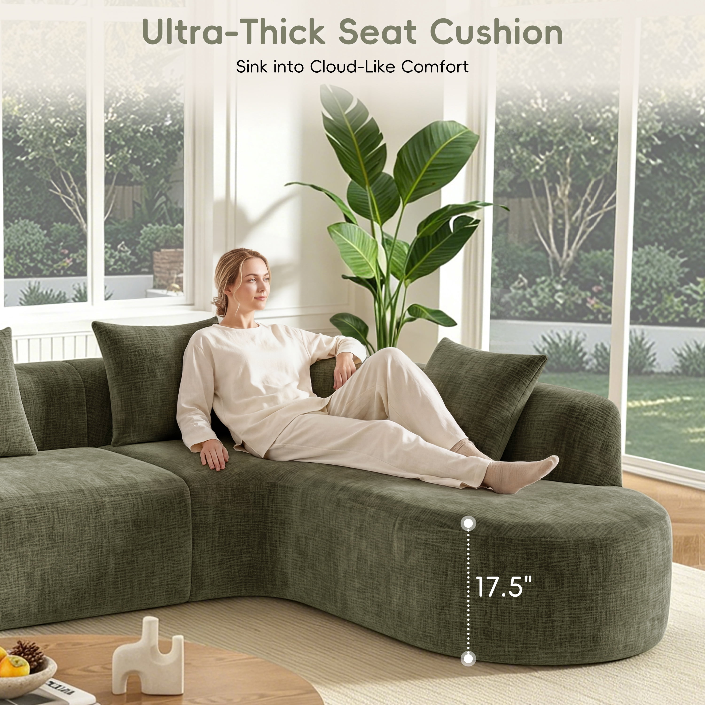 GARITIN Curved Cloud Couch 116.5 Inch, Oversized L Shaped Chenille Sectional Sofa with High Resilience Foam for Living Room, Green
