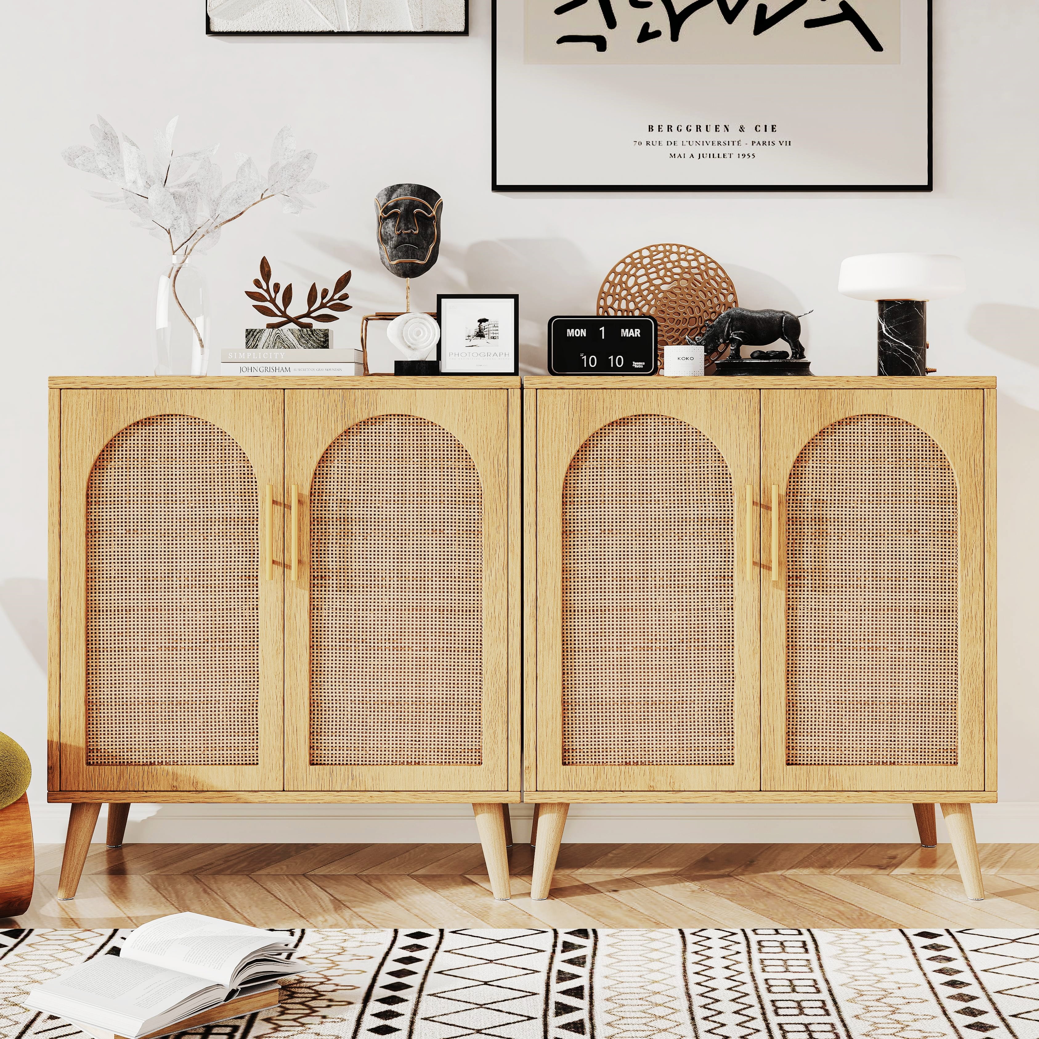 Rovaurx Set of 2 Rattan Storage Cabinet with Doors, Accent Bathroom Floor Cabinet, Modern Sideboard Buffet Cabinet for Living Room, Entryway, Dining Room and Kitchen, Natural