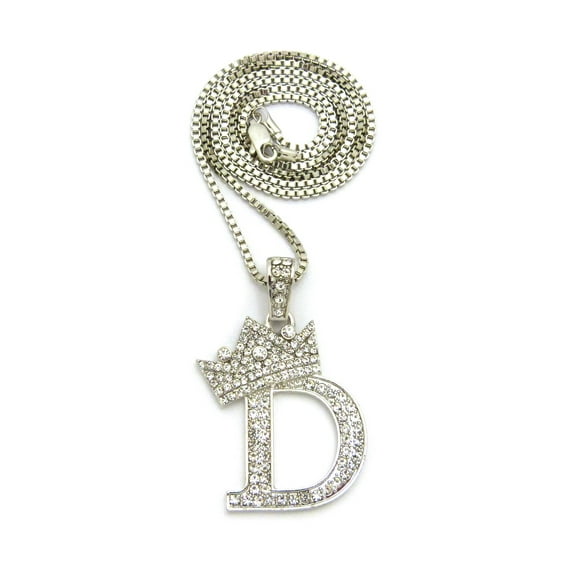 Stone Stud Allover Tilted Crown Initial D Pendant w/ 2mm 24" Box Chain Necklace, Silver-Tone