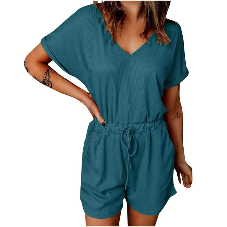 Voncos Lady Jumpsuits Strappy Short Sleeve Wide Leg Pants Solid Color  Casual Prinded Shoulder Button Suspender Casual Sexy V-Neck Womens Rompers  Blue Size S 