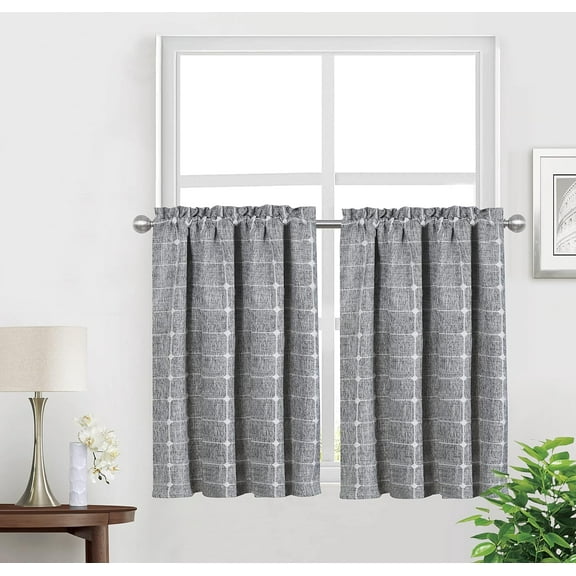 Kitchen Curtains 36 Inch Cafe Curtain Tiers, Light Filtering Linen Textured Short Curtains for Bathroom, Semi Sheer Farmhouse Small Window Curtain Rod Pocket 2 Panels (Dark Grey)