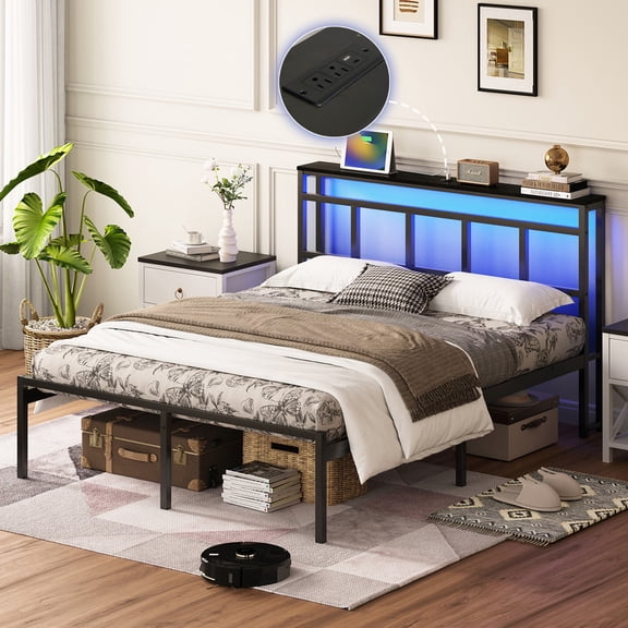 Mirightone Twin Bed Frame with Storage Headboard, Metal Platform Bed Frame with LED & Charging, Twin Metal Bed Frame for Teens Adults, Black