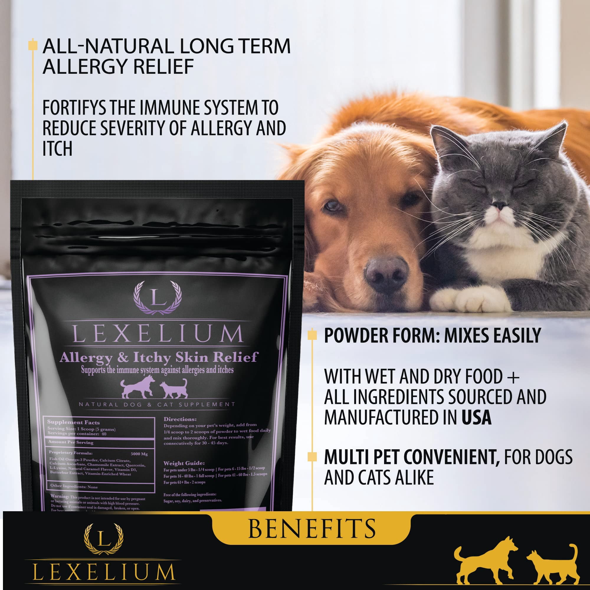 Allergy & Itch Relief Powder Supplement for Dogs & Cats - Fortified w/ Omega-3 Fish Oil