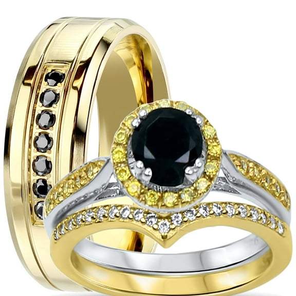 LaRaso & Co His Her Wedding Ring Set 14K Gold Plated Silver Steel 1 Carat Round Engagement Ring Couples Bands 6/8