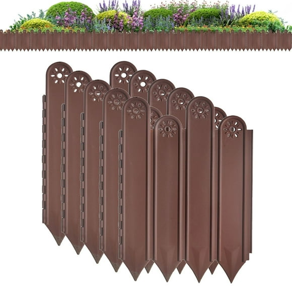 Brown Plastic Garden Picket Fence, Flowerbed Border Panel High 22-25Cm X 1M High and Low Garden Fence, Plastic Garden Picket Fence, Black Edging, Easy Install, Weather-Resistant