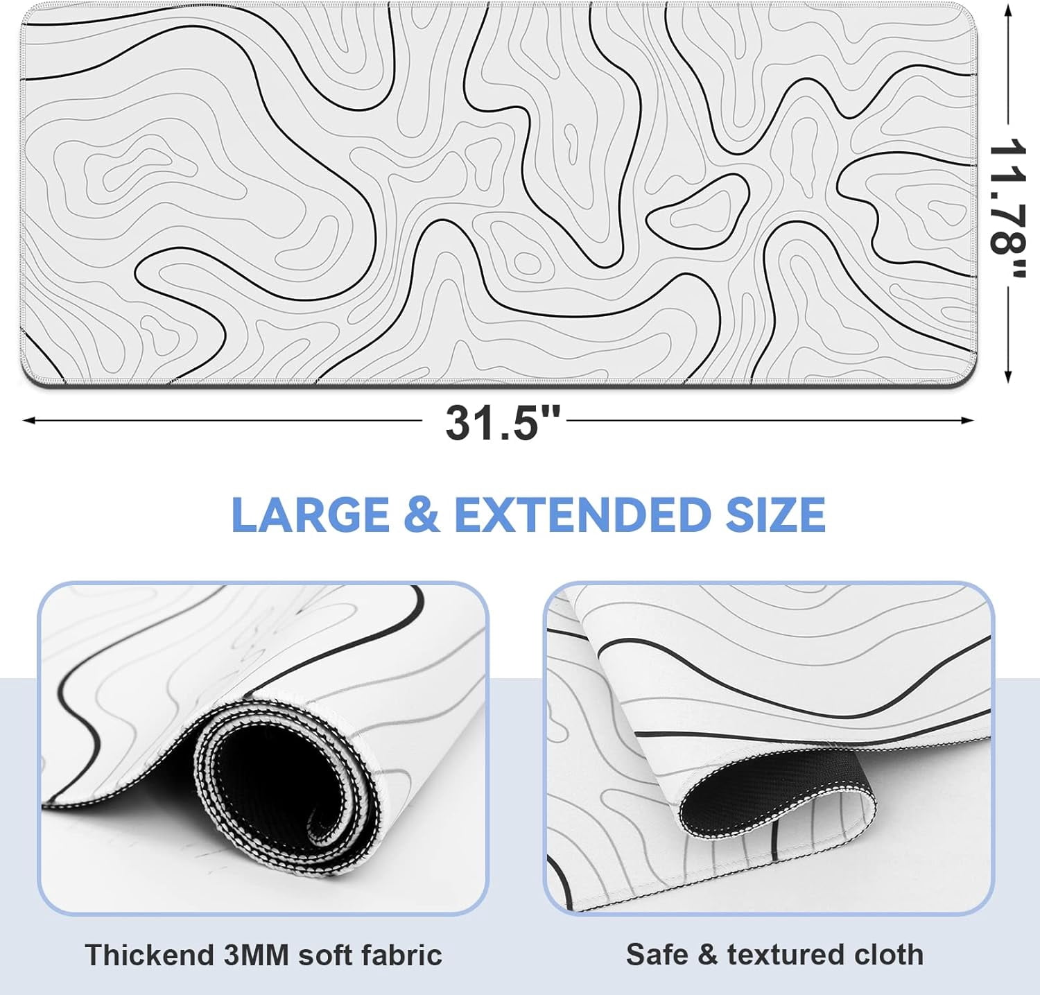 Mouse Pad Gaming Mousepad 31.5 x 11.8in Large Mouse Pad for Keyboard and Mouse with Anti-Slip Rubber Base, Keyboard Pad XL Mouse Mat for Home and Office（Black with White Topographic Line）