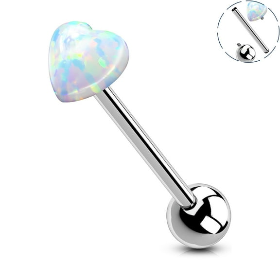 Heart Opal Tongue Ring G23 Titanium 14G Internal Threaded Straight Barbell Body Piercing Jewelry