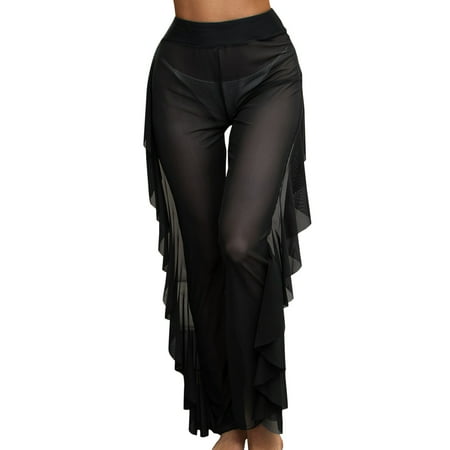 Ploknplq Women s Swim Cover-up Women Mesh Ruffle Trim Cover Up Pants Beach Cover Up Beach Wrap Bikini Shiny Wraps Cover Ups for Swimwear Ruffle Pants Summer Swimwear Black S