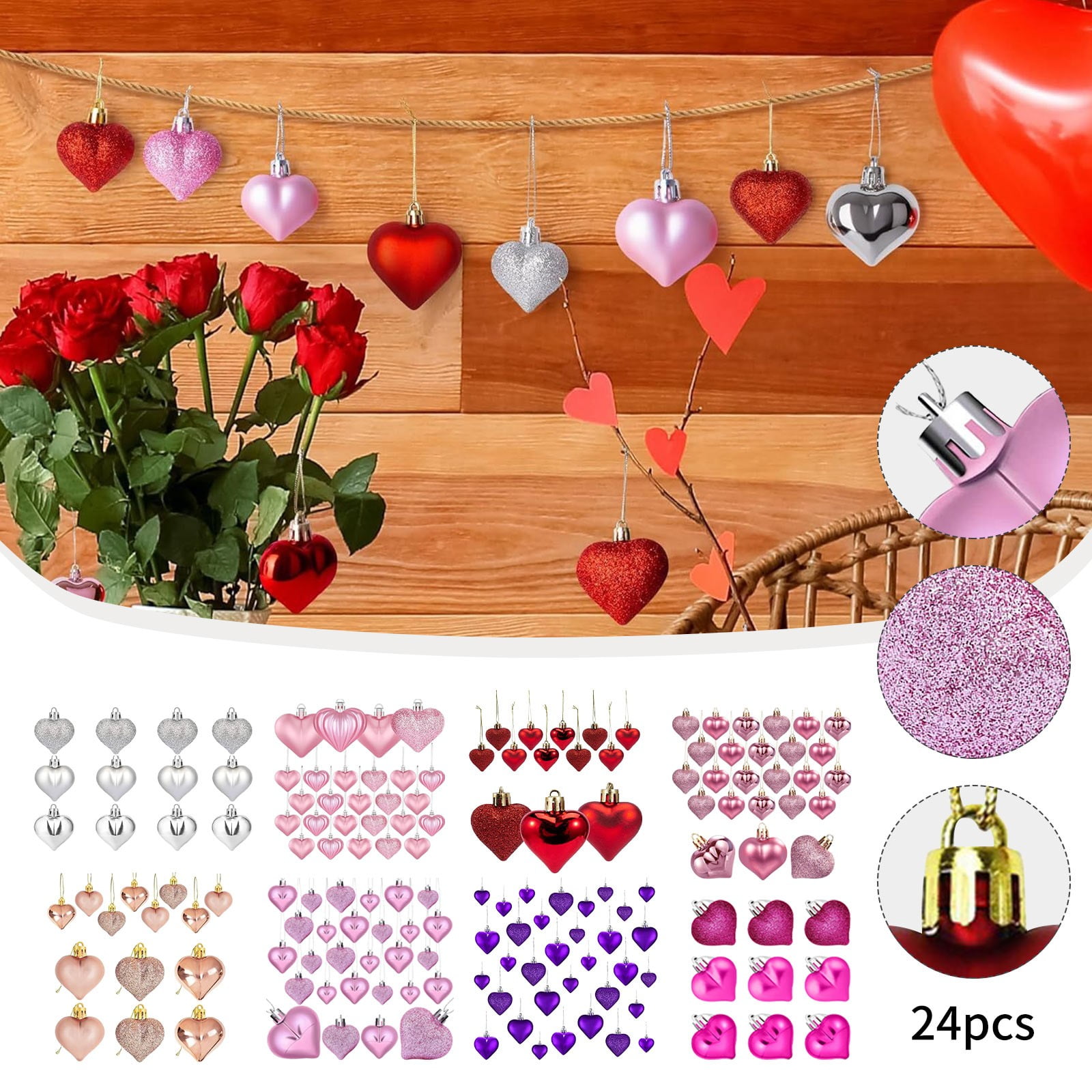 SugarBloom 24-Piece Valentine s Day Heart Shaped Ornaments Hanging Love Heart Decor for Wedding Party 1.8 inch Pink Heart Decorations Set G
