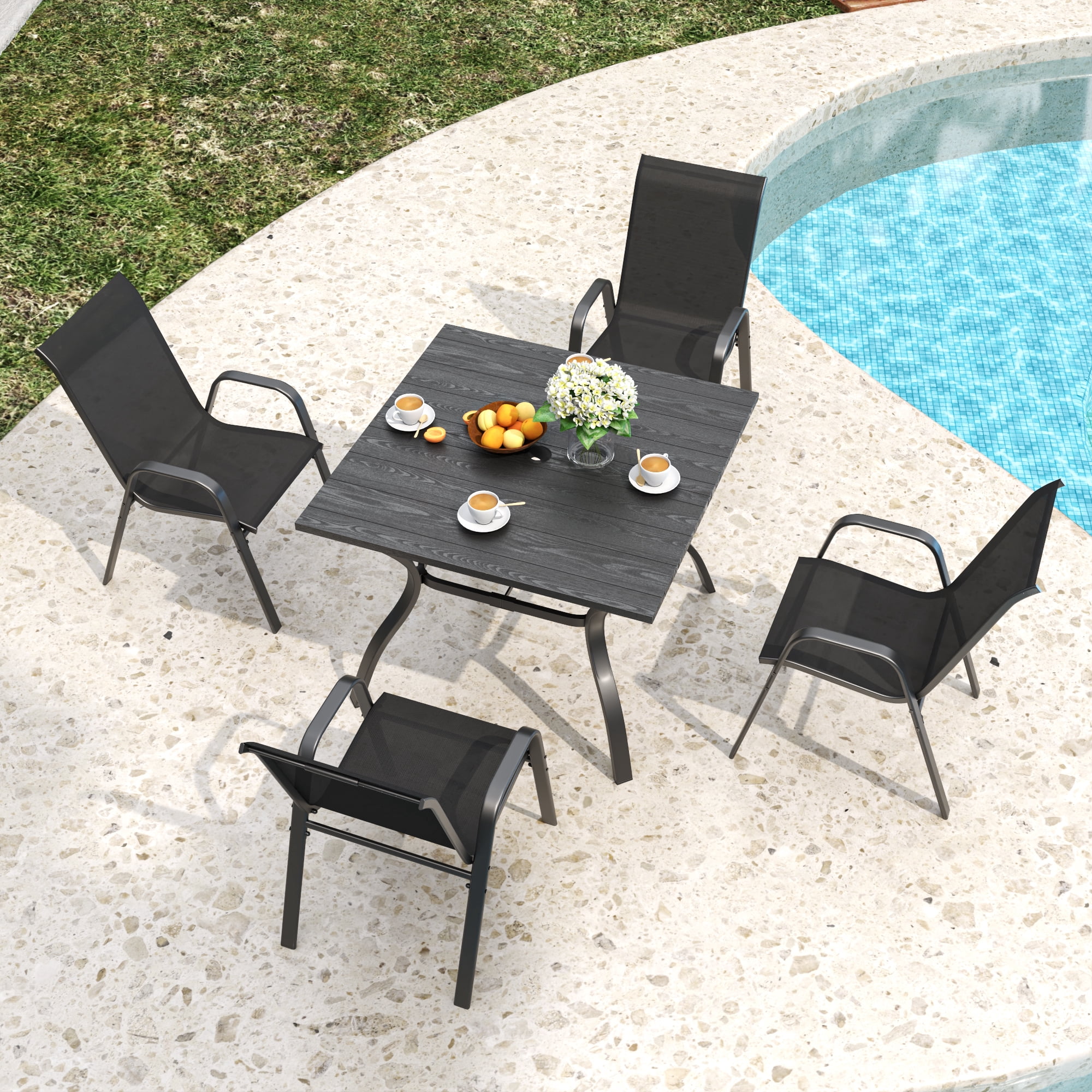 4-Piece Outdoor Dining Chair Set of 4 with Wide Ergonomic Seat, 350 lb Capacity Heavy Duty Metal Frame, Waterproof Teslin Fabric & Rust-Resistant for Patio Restaurant Banquet, Black