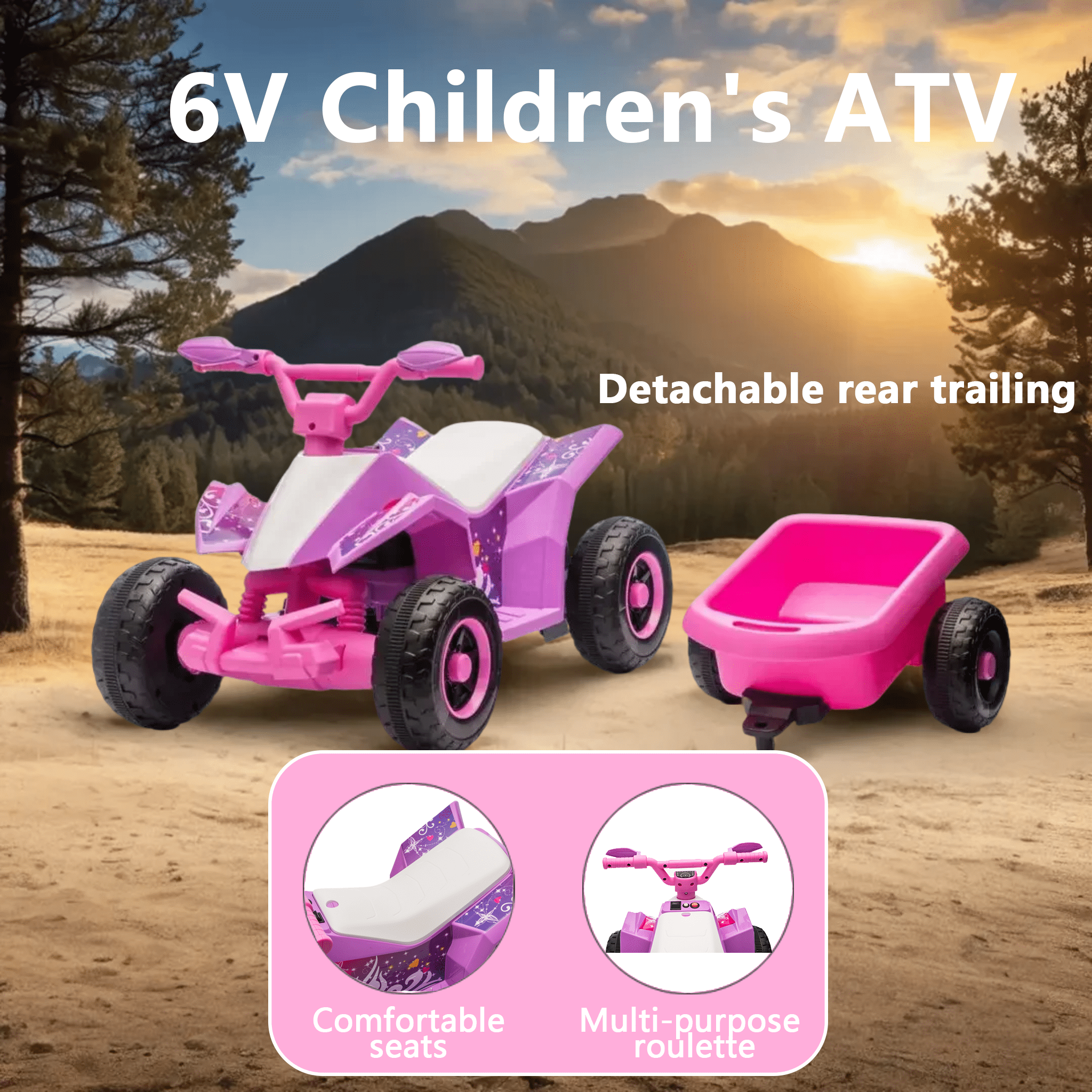 Juuar 6V Kids Ride on Car with Lights & Music, 4WD Electric Vehicles Toys Gifts with Rear Rack, Fun Ride on ATV for Girls Boys Age 3+, Pink