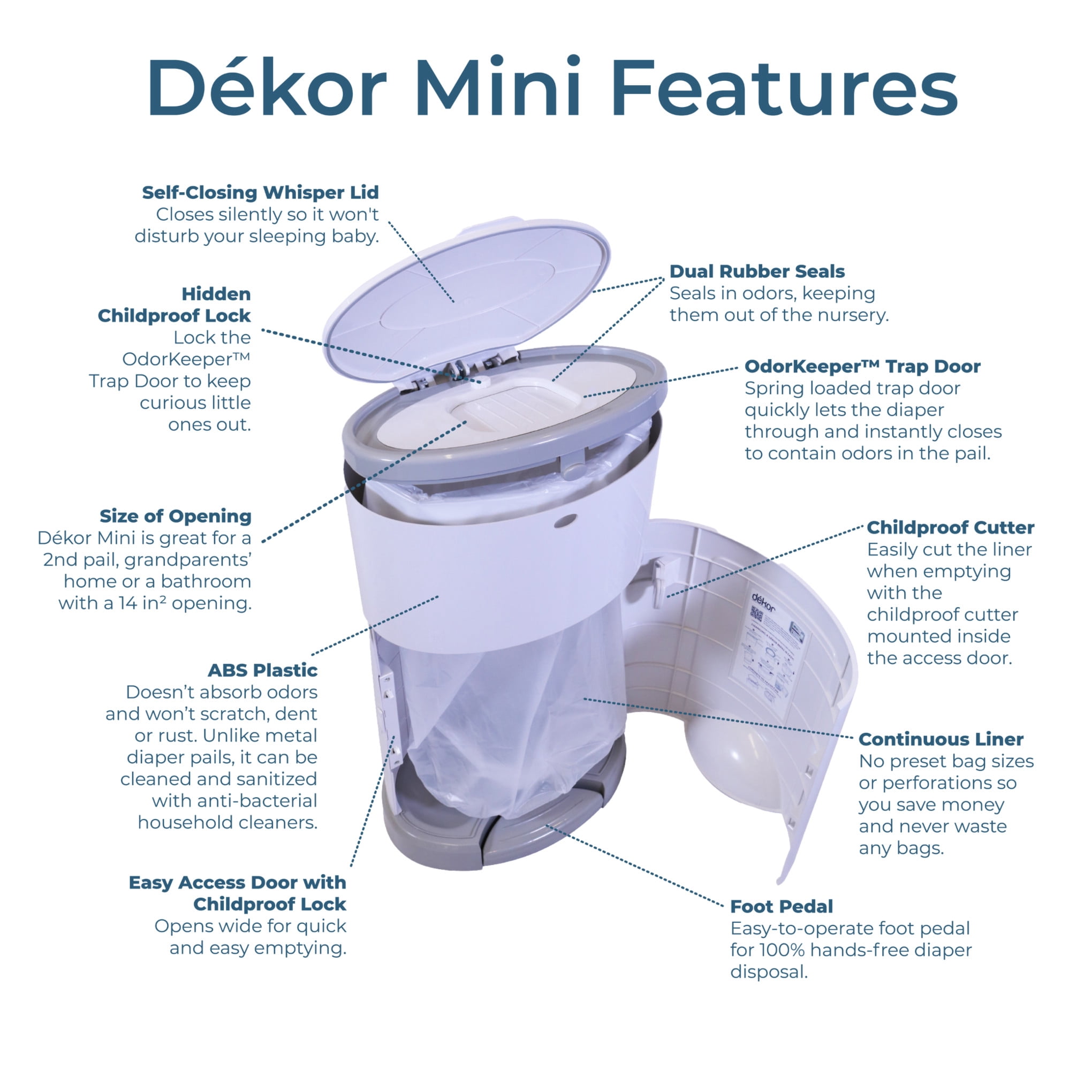 Dekor Mini Hands-Free Diaper Pail | White