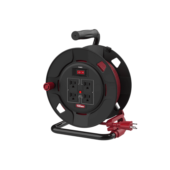Hyper Tough Cord Reel 50ft. 4 Power Outlets – Heavy Duty 14 AWG SJTW Cable Black and Red Color, Material: PP, PVC, Copper
