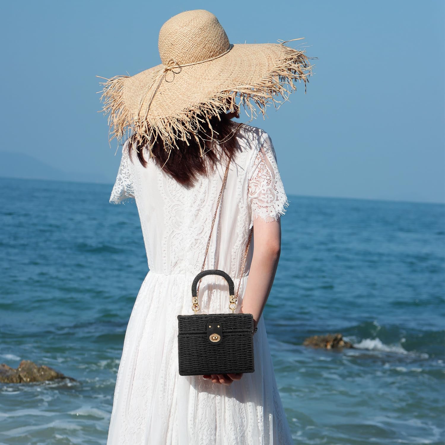 Rattan Purse for Women Summer Tote Handbag Woven Bakset Crossbody Bag Trendy Beach Top Handle Bag