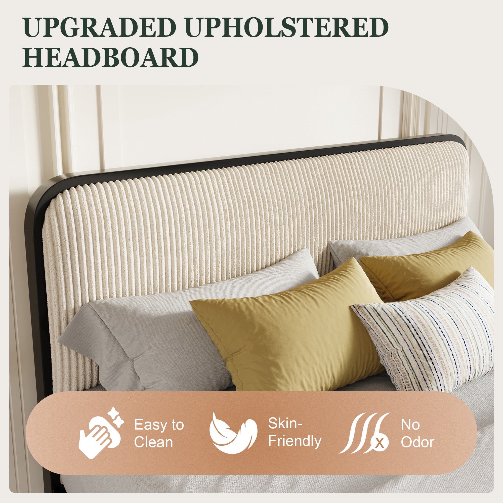 Einfach Queen Bed Frame, Upholstered Platform Bed with Velvet Curved Headboard and Footboard, No Box Spring Needed, 1000 LBS Capacity, Cream White
