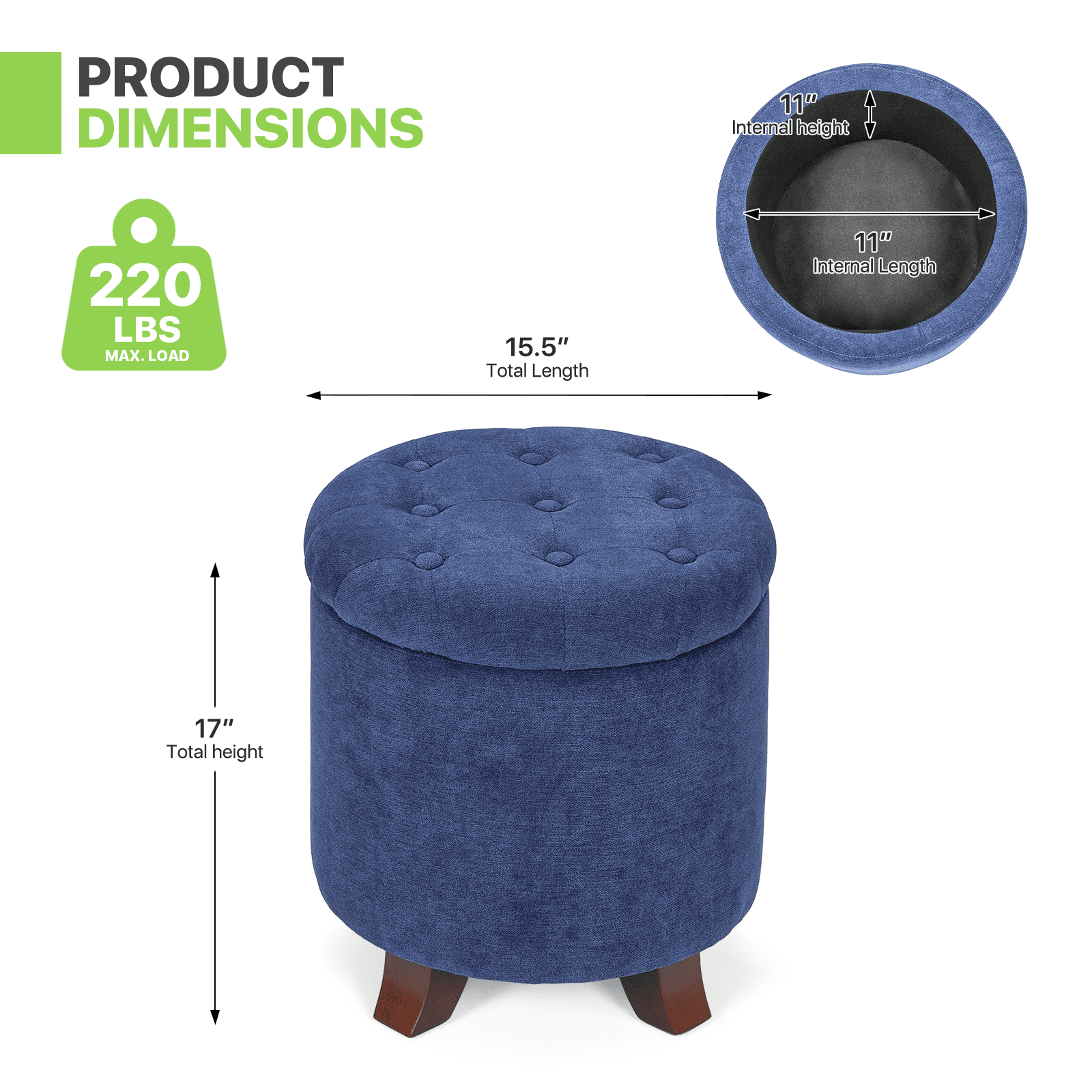 Magshion Storage Ottoman with Padded Seat, Modern Cotton-linen Footrest, Round Seat stool for Living Room Bedroom , Navy Blue