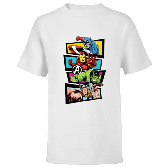 Marvel Avengers 60th Anniversary Four Heroes Retro Classic- Short Sleeve T-Shirt for Kids - Customized-White